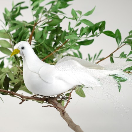 A bird for decoration and floristry, on the clothespin, white, plastic, 1 pc., 8 x 8 cm