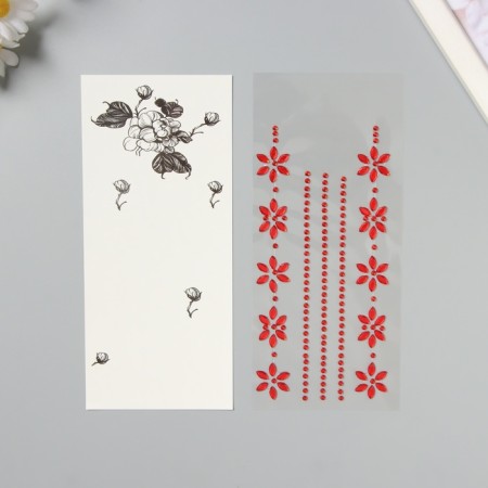 Sticker of rhinestones plastic tattoo on the body "Flower application" Red set 2 sheets 18x8 cm-1