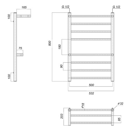 Water heated towel rail Domoterm "Medea" P8, 500x800 mm, 2 shelves, chrome-2