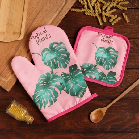 Kitchen set 2 objects of the “tropical” color color pink pink 17x17 cm, mittens 25x16 cm, 100% p/e