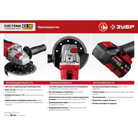 Corner grinder battery. Zhrov Ushm-18-125, 18 V, D = 125x22.2 mm, M14, without ZU and AKB-13