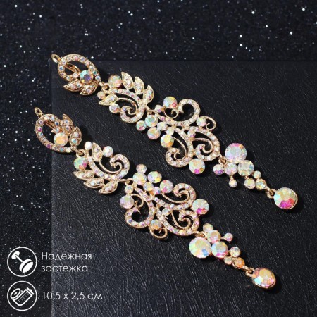 Hanging earrings with rhinestones "evening" magic, rainbow color in gold, 10.5 cm