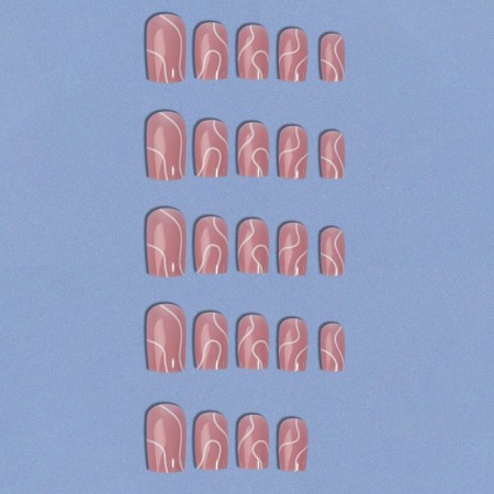 Lines patch nails, 24 pcs, with adhesive plates, soft square shape, pale pink color-6