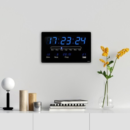 Electronic wall clock, alarm clock, calendar, thermometer, 20 x 3 x 33 cm, from the network, blue-1