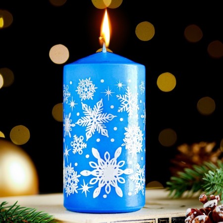 Candle - New Year's "Snowflakes" cylinder, 5x10 cm, blue with silver, mix