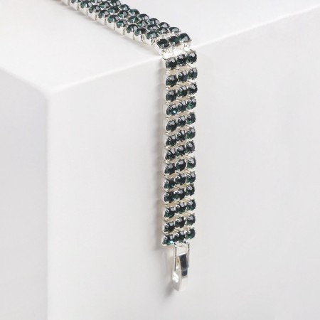 Bracelet with rhinestones "shining" three rows, dark green color in silver, 18 cm-5