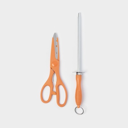 A set of kitchen knives on a stand, 8 knives, knife, scissors, orange color-5