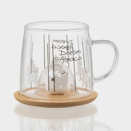 Glass mug with a wooden lid "Lama", 300 ml, Mix drawing-4