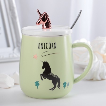 Ceramic mug with a lid and spoon "Golden Horn", 450 ml, color mix