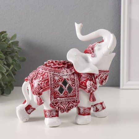 Souvenir Polystone "White Elephant. Burgundy Popon with Flower and Straza" 17.5x9x17 cm