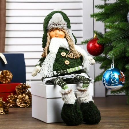 Interior doll "Girl with pigtails in a green coat and green hat" 36x8x13 cm