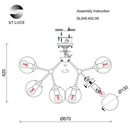 Ceiling Ceiling ST LUCE. SL549.402.09. Stampo. 9x40 watts, E27, 68x68x40 cm, black color-9