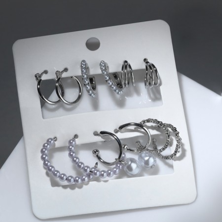 Road earrings set 6 pairs "pearl" mood, white color in silver-1