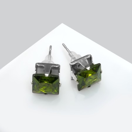 Earrings with rhinestones "Pusets" radiance, square, d = 0.8, green color in silver-3