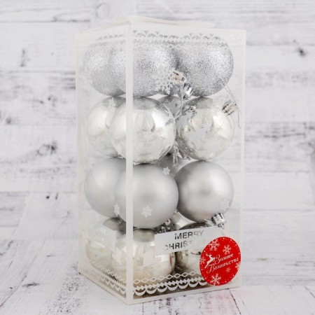 Set of balls plastic D-6 cm, 16 pcs "Graceos" silver-1