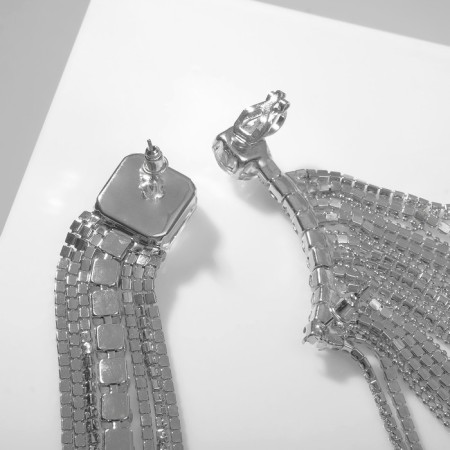 Hanging earrings with rhinestones "Waterfall" asymmetry, white color in silver, 16.5 cm-2