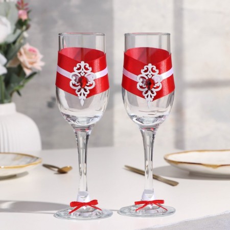 A set of wedding glasses "Prague", handmade, white-red, 6x6x20.5 cm, 2 pcs.