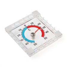 The thermometer is street, mechanical, square, 8 x 8 cm,