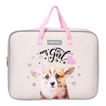Folder with A4+handles, 360 x 290 x 70 mm, textile, Erichkrause Corgi Puppy 60235