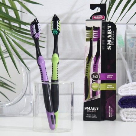Smart toothbrush Black of medium stiffness, purple + green, 2 pcs.