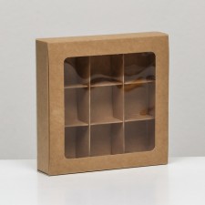 Box for 9 sweets with a shell, with a window, with thin dividers, craft 14.7x14.7x3.4 cm