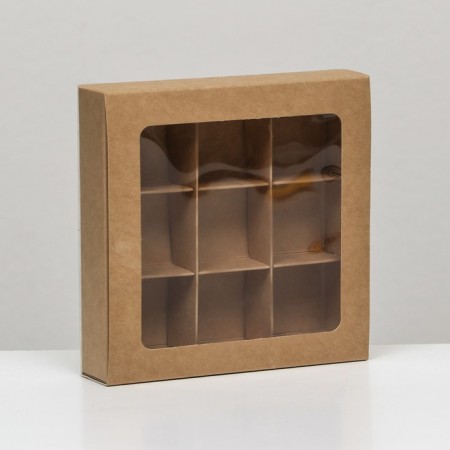 Box for 9 sweets with a shell, with a window, with thin dividers, craft 14.7x14.7x3.4 cm