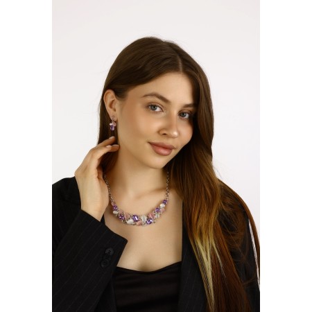 Set 2 objects: earrings, necklaces "leaflets", pink color in silver, 40 cm-1