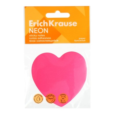 Block with a sticky edge paper 70x70mm, Erichkrause "Heart Neon", 50 sheets, pink-2