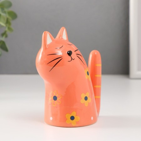 Souvenir Ceramics "Kitty red, with flowers, tail pipe" 10.2x6.3x12.3 cm-3