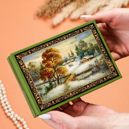 Casket "Fog", green, 11 × 16 cm, lacquer miniature-2