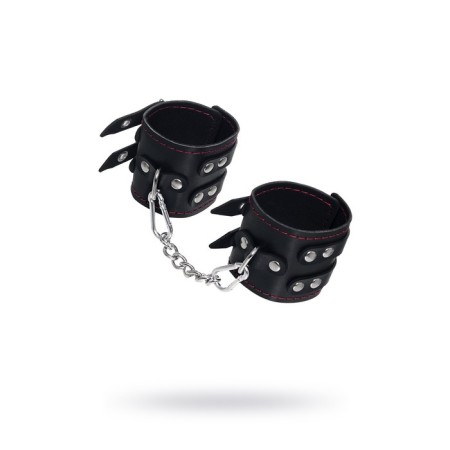 Handcuffs with two belts and black Pecado BDSM lining, genuine leather, black