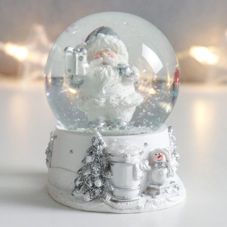 Souvenir Polystone Water Ball "Santa Claus with a gift" White with silver 7x6.7x8.8 cm-4