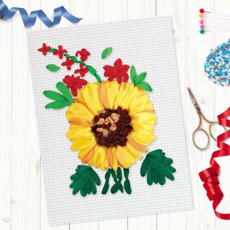 Embroidery with ribbons on the canvas "Sunflower". Set for creativity-4