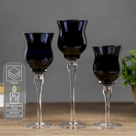 Glass candlestick Set 3 pcs "Voal" height 26cm, 23 cm, 20 cm black