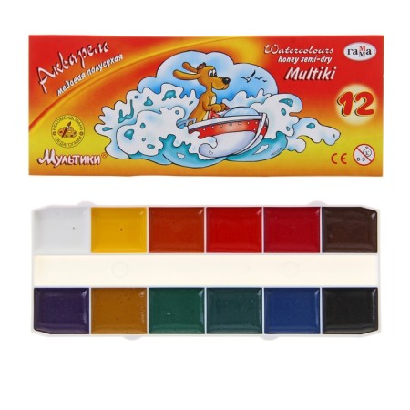 Watercolor 12 colors "Gamma" "Cartoons", honey, without brush, cardboard