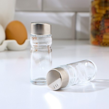 Glass set for spices on a stand, 4 items: a solo, a lists, a napkin, a capacity for toothpicks-4