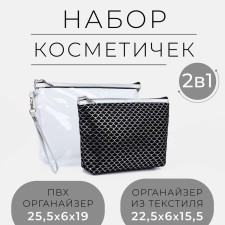 A set of cosmetic bags 2 in 1 on a zipper, with a handle, black color