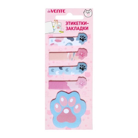 Bookmarks with adhesive edge 15 x 48 mm/45 x 45mm, 5 colors of 20 sheets, paper, Devente Cat PAWS-3