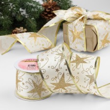 A satin ribbon with a metal thread “Patterns with a star”, 60 mm, 9 ± 0.5 m, white/gold color