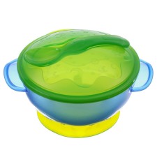 Feeding set: a bowl on a suction cup with a lid, spoon, blue color