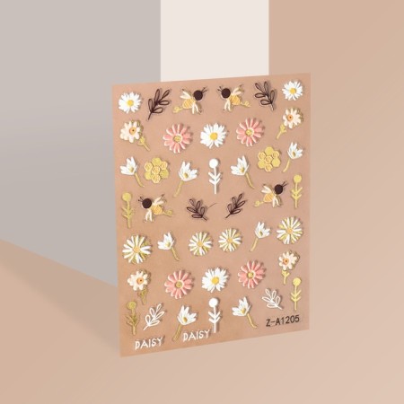 Nail stickers "Bees and flowers", voluminous, multi -colored-1