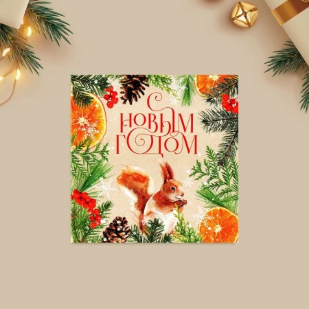 Happy New Year postcard, Squirrel 7 x 7 cm, New Year-2