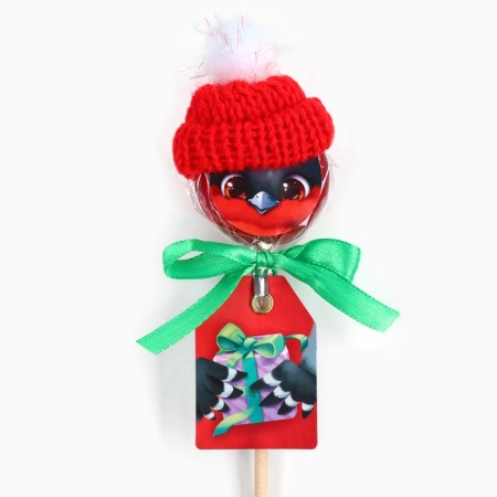 Lollice with a sticker in a hat "Bullfinch" with a taste of strawberries