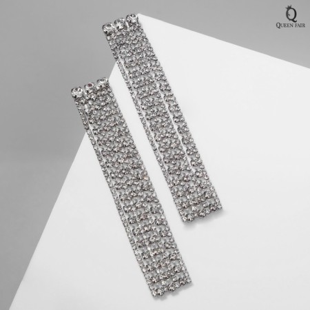 Hanging earrings with rhinestones "Waterfall" three beads, white color in silver, 11.5 cm-1