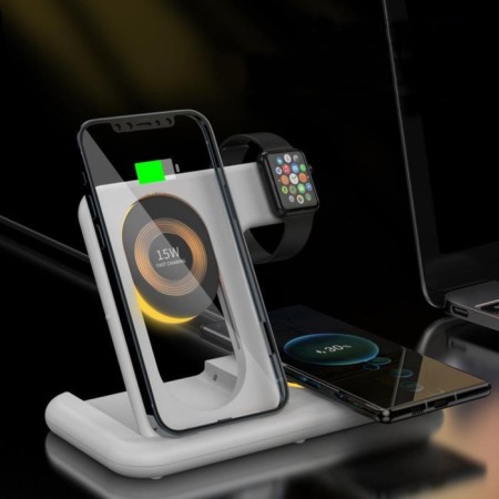 Wireless charger 3 in 1 Y36, 15 W, folding, backlight, USB, Type-C, white