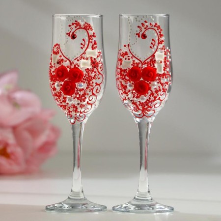 Set of wedding glasses "chic", with roses, red