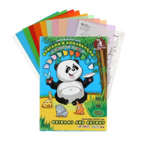 Colored paper for origami and A4 application, 10 sheets, 10 colors "Fun Panda", with schemes, 80 g/m²