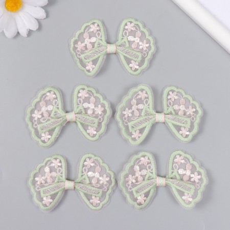 Decor for creativity Textile embroidery "Bow in green-pink flowers" 7x5.5 cm-2