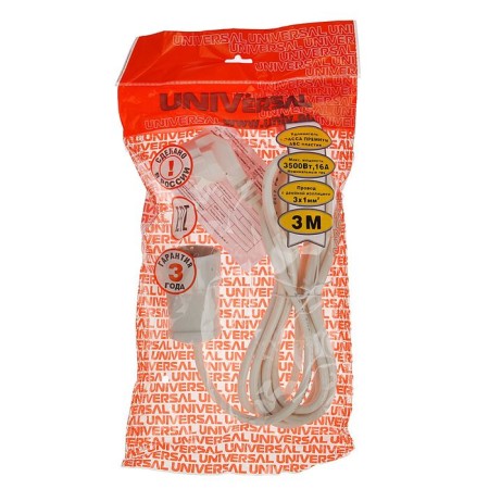 UNIVERSAL USh-16 extension cord, 1 outlet, 3 m, 16 A, 3500 W, PVS 3x1 mm2, with salary, white-1