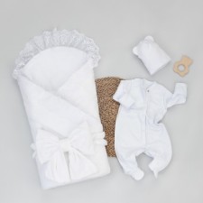 Kinderlitto “Bristol” discharge kit, 5 items: blanket, diaper, overalls-slip, cap, bow, demi-season, height 50-56 cm, white color white